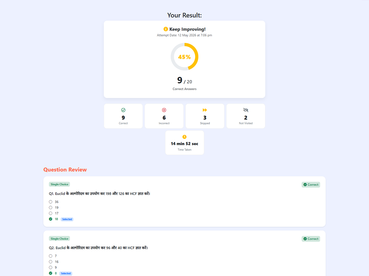 Standard quiz result preview