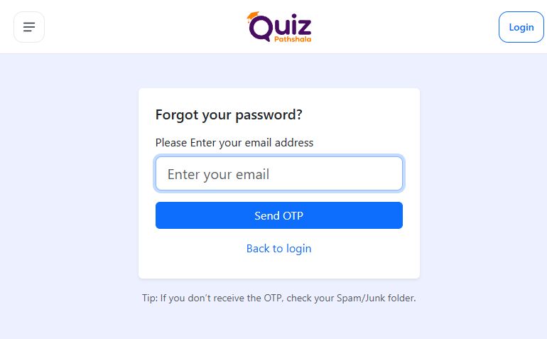 Password reset starts by entering the registered email address and choosing Send OTP.