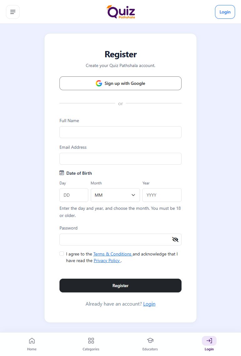 Registration form showing Sign up with Google, name, email, date of birth, password, policy consent and Register.