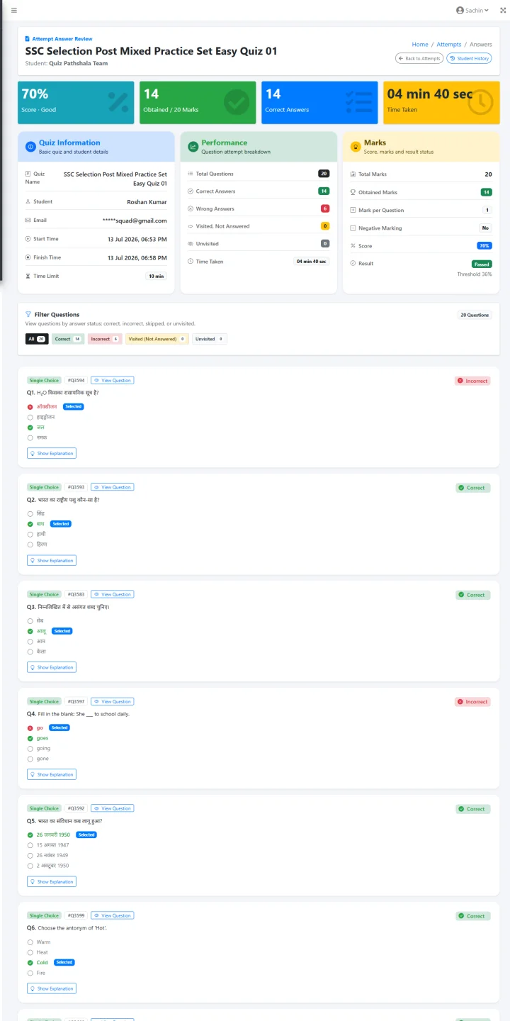 Track learner attempts and review quiz performance mobile preview