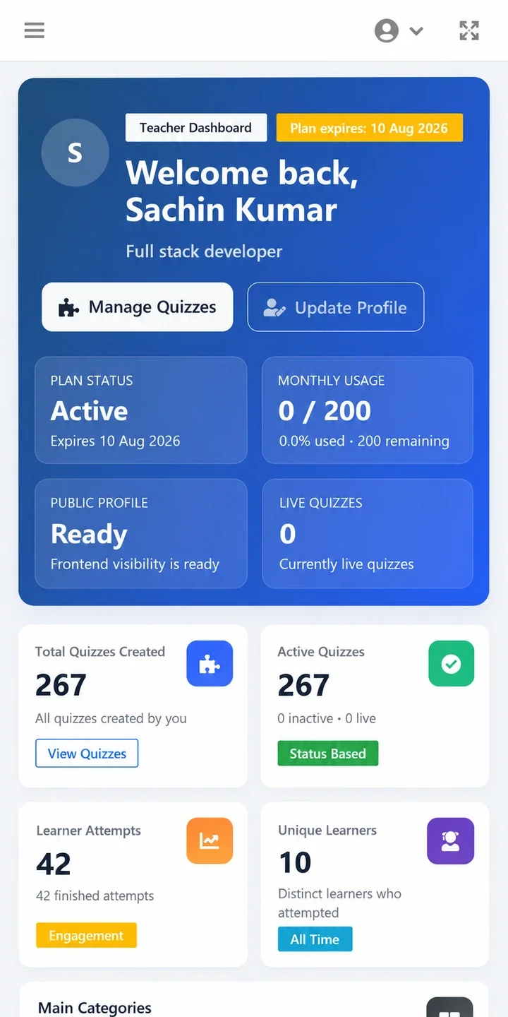 Manage your quizzes from one practical dashboard mobile preview